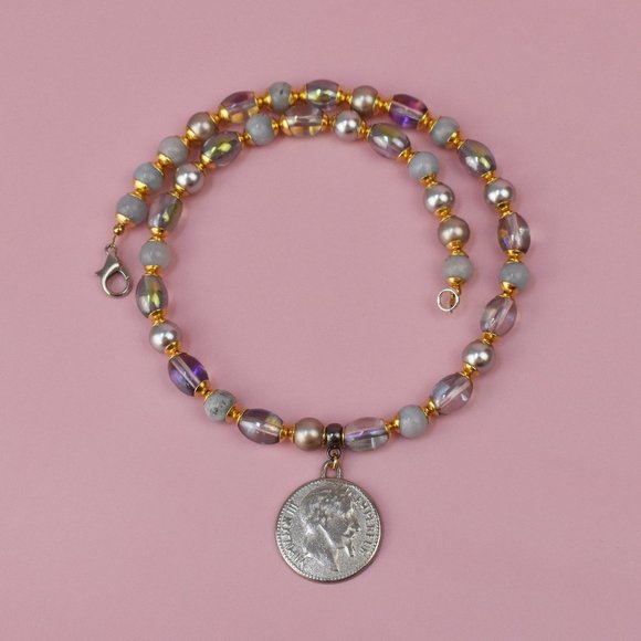 Silver coin charm choker, colorful multi beads and pearl necklace - Picture 2 of 4